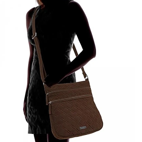 Vera Bradley Triple Zip Microfiber Quilted Espresso Crossbody - Picture 3 of 15